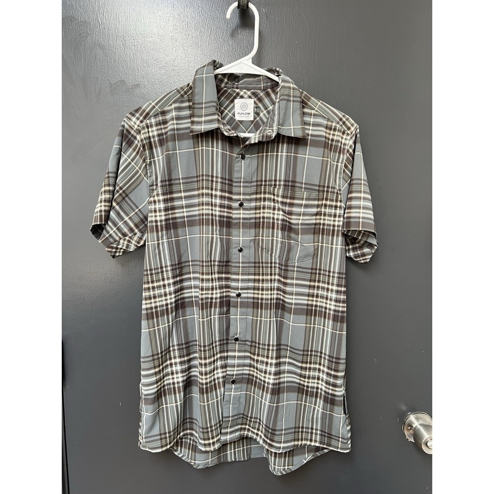 Flylow Anderson Snap Shirt Mens Sz S Gray Plaid Ultralight Bike Hike Casual